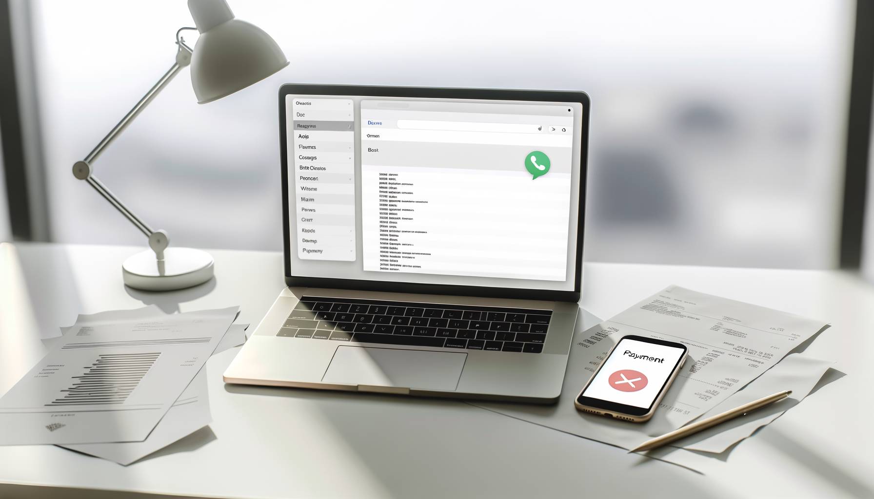 Un escritorio de oficina con una computadora portátil abierta mostrando un correo electrónico, un ...