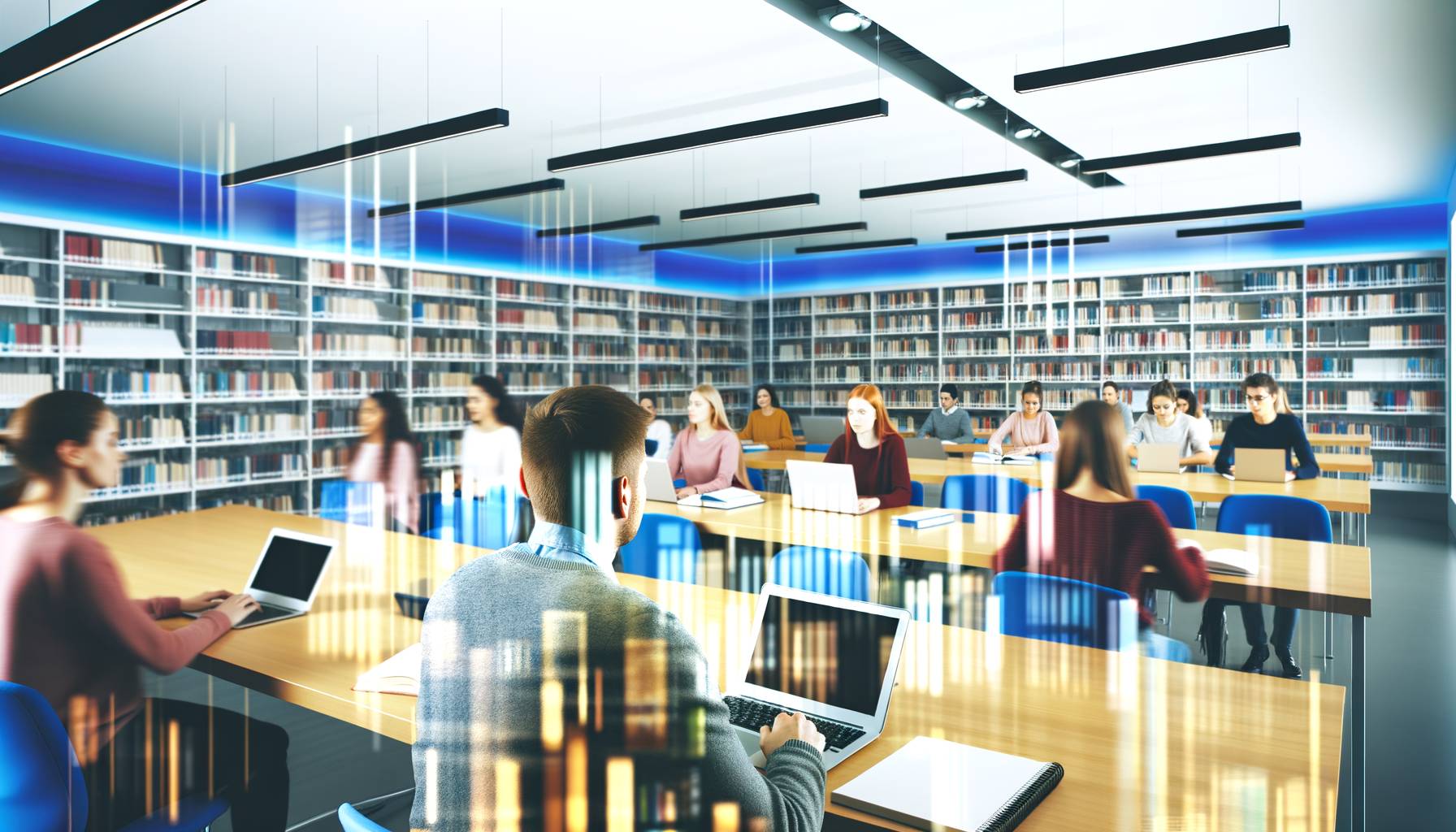 Un aula universitaria moderna con estudiantes participando en una clase sobre biblioteconomía. Ambi...