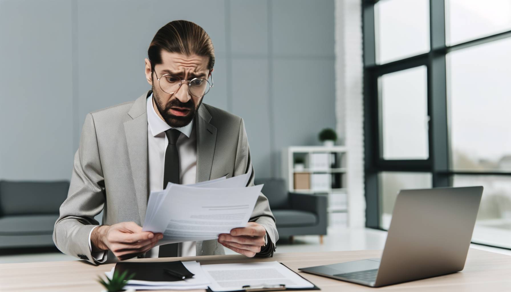 Una oficina moderna con un empleador revisando documentos en su escritorio, con una expresión preoc...