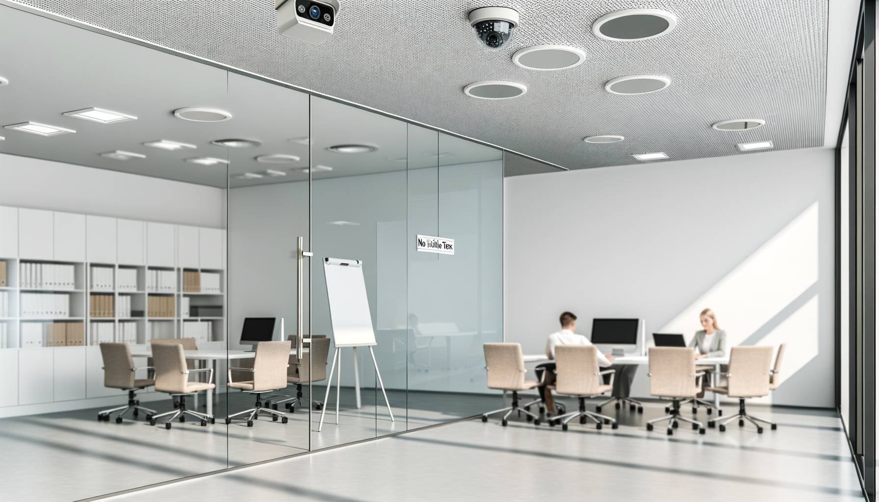 Un espacio de oficina moderno con cámaras de seguridad visibles en el techo, trabajadores en sus es...