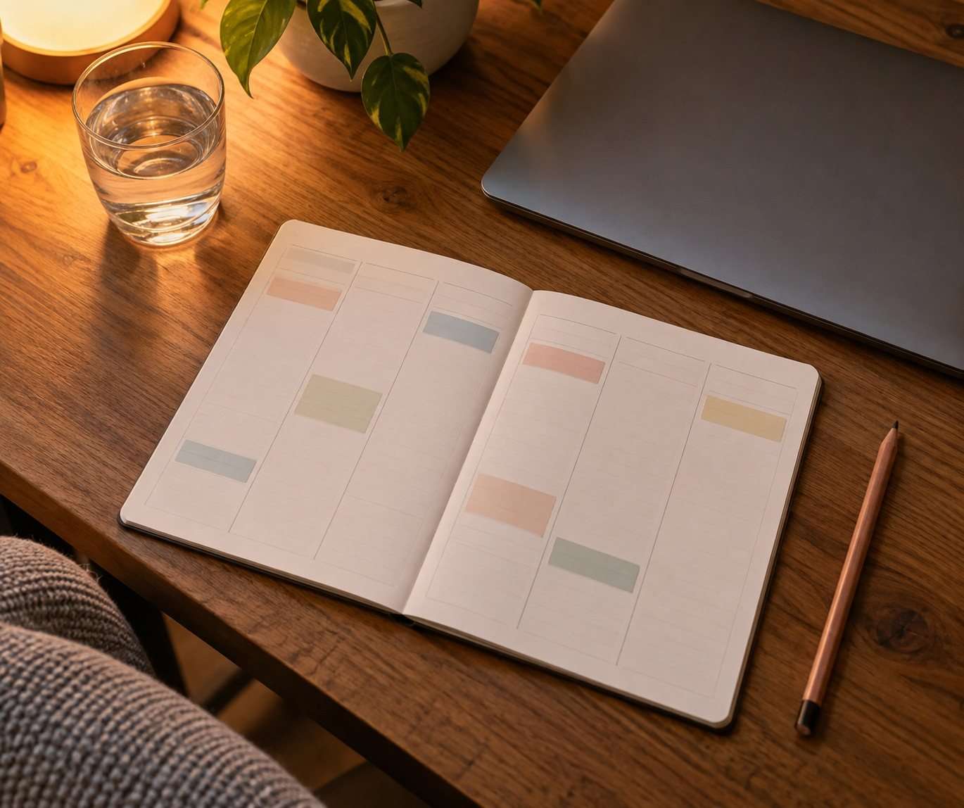 Planificador semanal y cuaderno sobre una mesa de estudio.