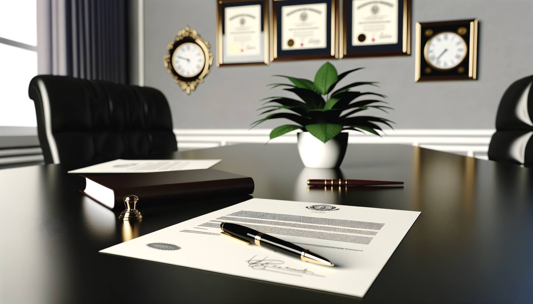 Una mesa de reunión elegante con documentos, una planta decorativa y una pluma estilográfica. Al f...