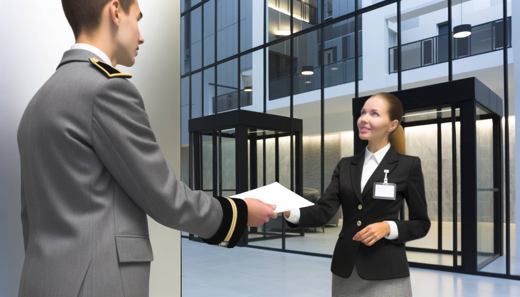 Un moderno edificio de oficinas con una persona en uniforme de ordenanza entregando documentos a una...