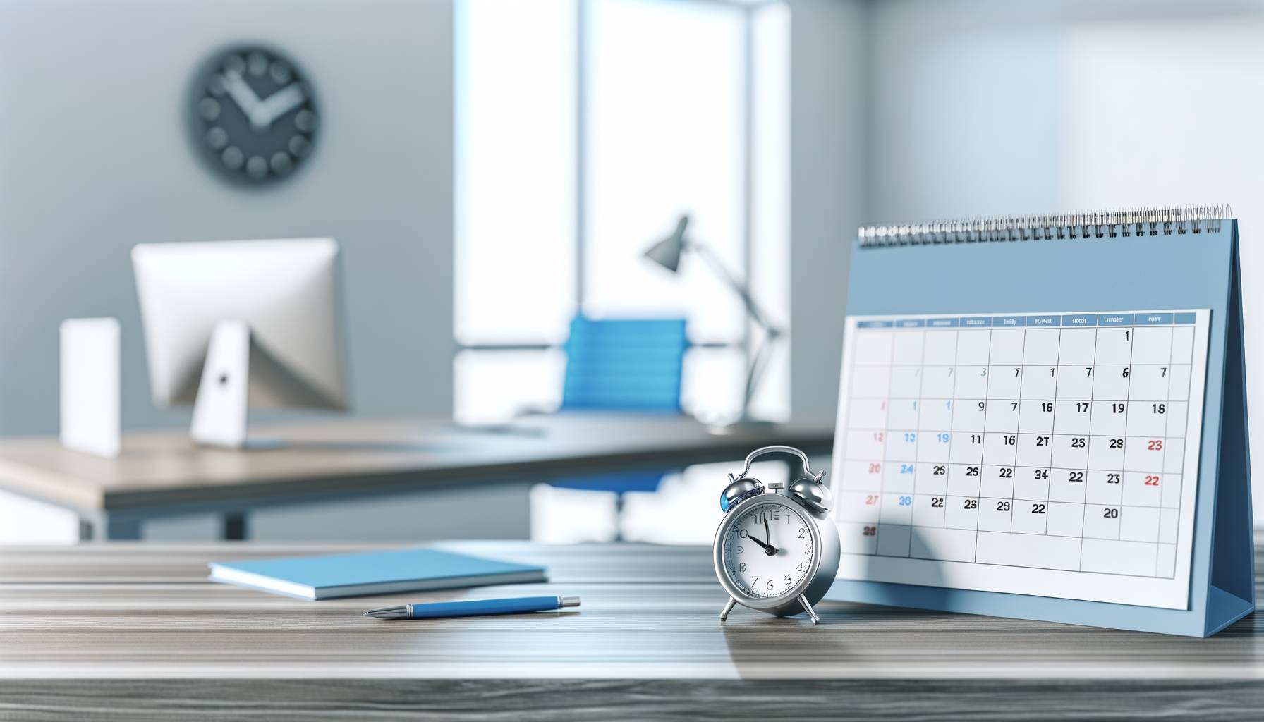 Un escritorio de oficina moderno con un calendario y un reloj sobre la mesa, representando la planif...