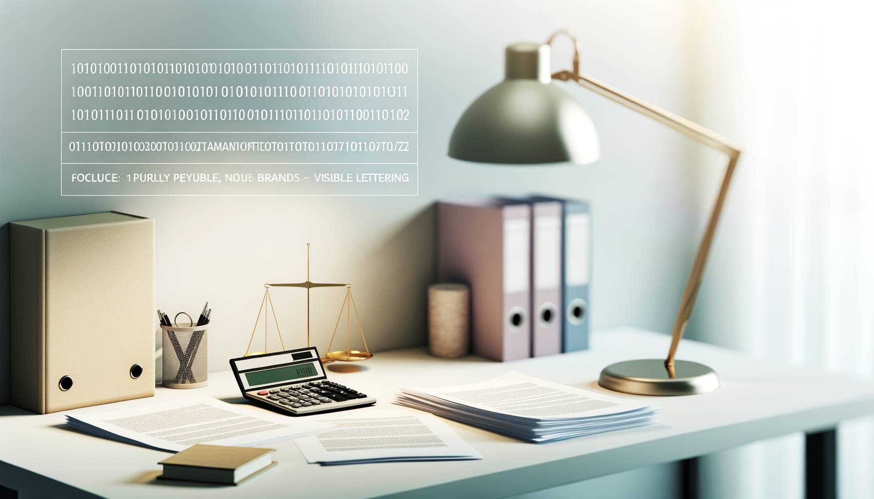 Un escritorio con documentos legales y una calculadora, iluminado suavemente por una lámpara de esc...