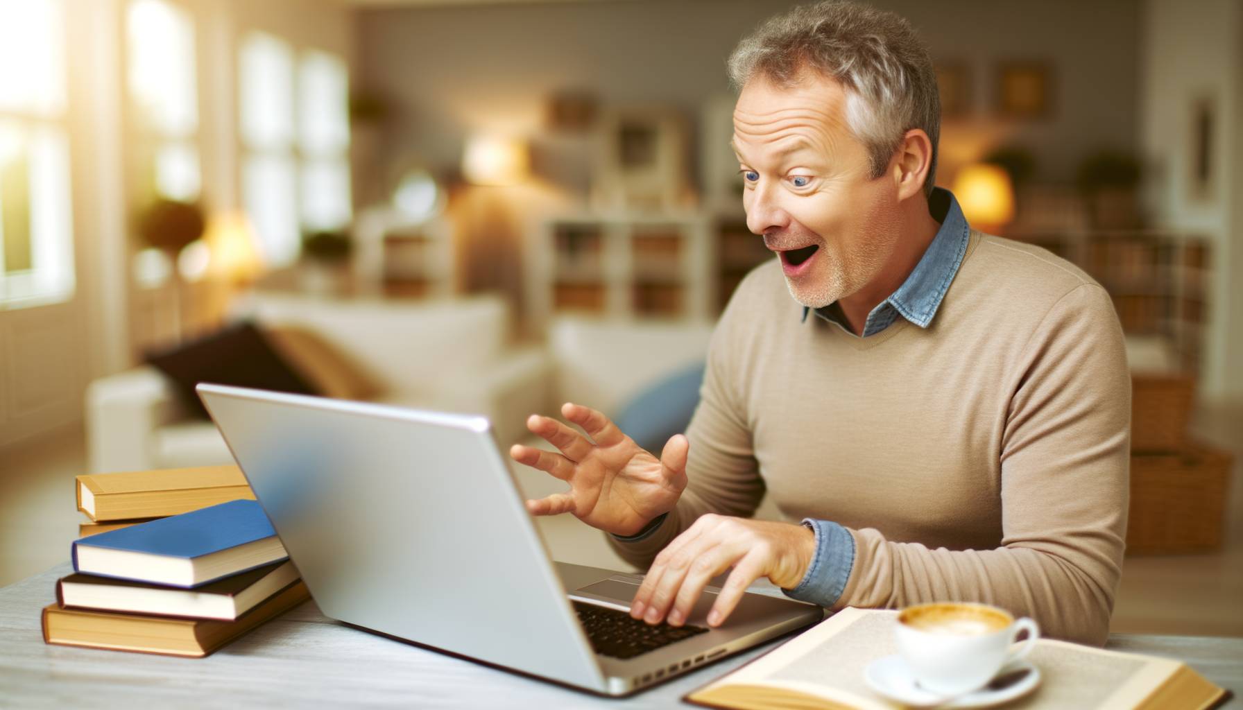 Una persona de mediana edad, con expresión de concentración y entusiasmo, usando una computadora p...