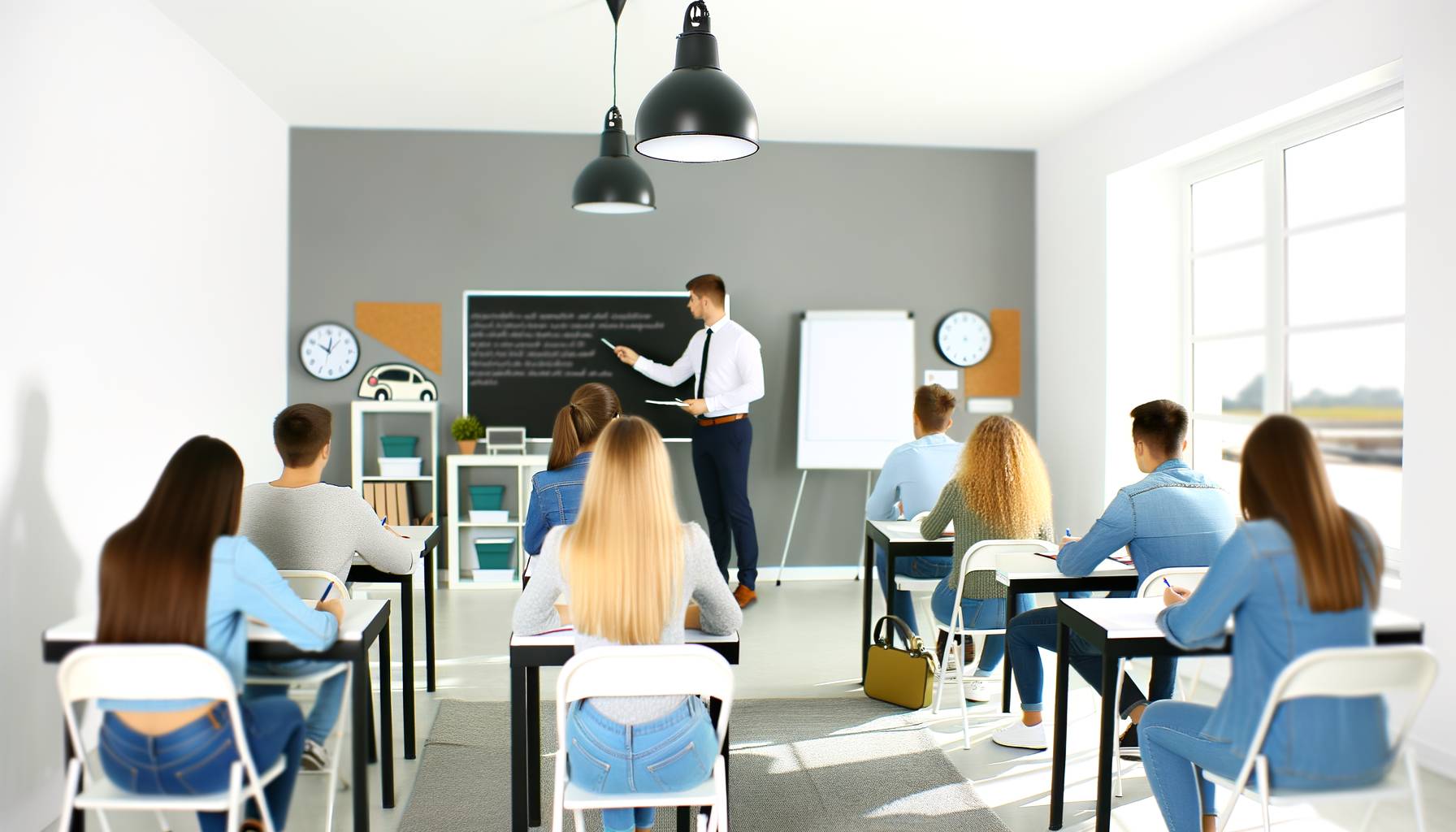 Un aula moderna con estudiantes atentos tomando notas mientras un instructor explica conceptos de se...