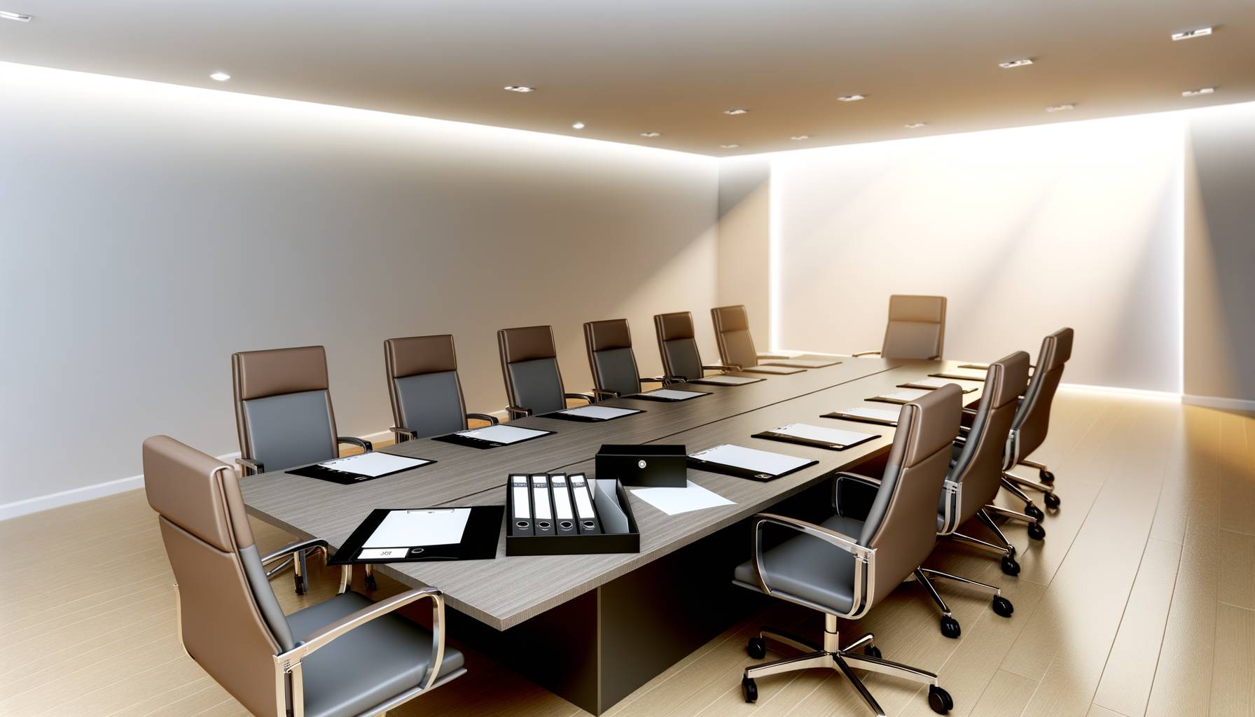 Una sala de reuniones vacía con una mesa grande y sillas alrededor, iluminada con luz natural. Se o...