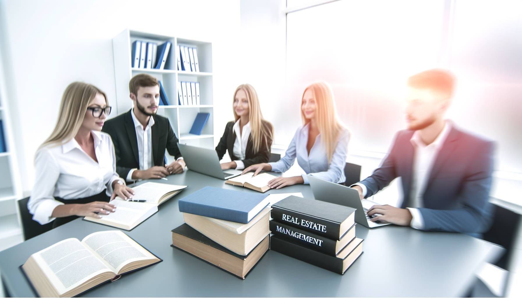 Imagen profesional de un grupo de estudiantes en un aula moderna discutiendo sobre gestión inmobili...